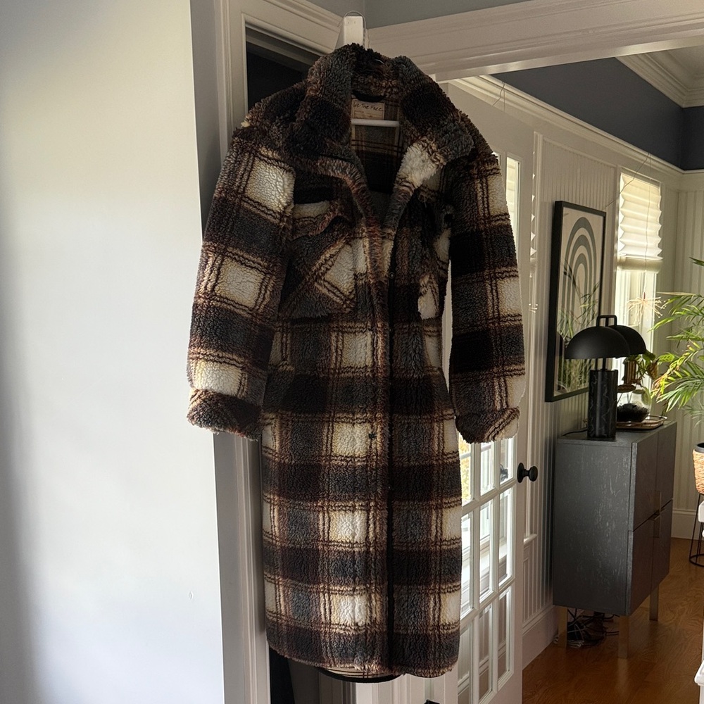 We The Free Plaid Teddy Jacket in Brown and Cream